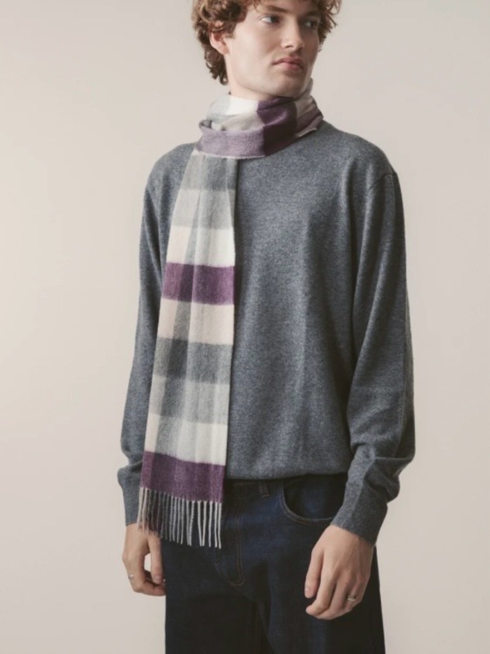 KILTANE 5 Square Check Lambswool Scarf, purple and gray